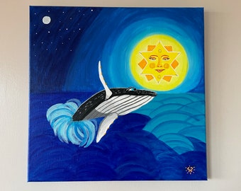 Clara and the Whale Painting: Original Acrylic Fantasy Art, 40x40 cm