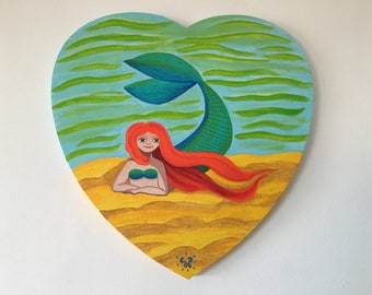 Mermaid Azucena Art: Hand-Painted Acrylic Heart Canvas (30x30 cm)