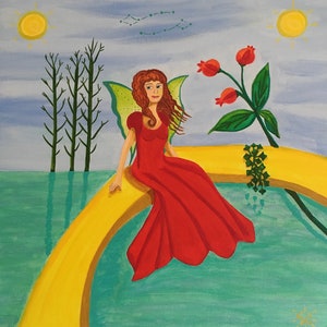 Carmen, pintura acrílica original de hada, 30x30 cm, lista para colgar image 1
