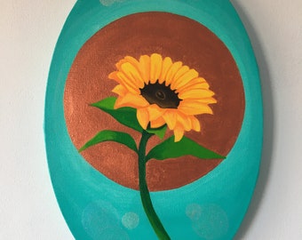 Girasol, pintura acrílica de flor en marco ovalado lista para colgar.