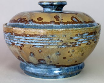 Crystalline glazed ceramic, lidded casserole dish