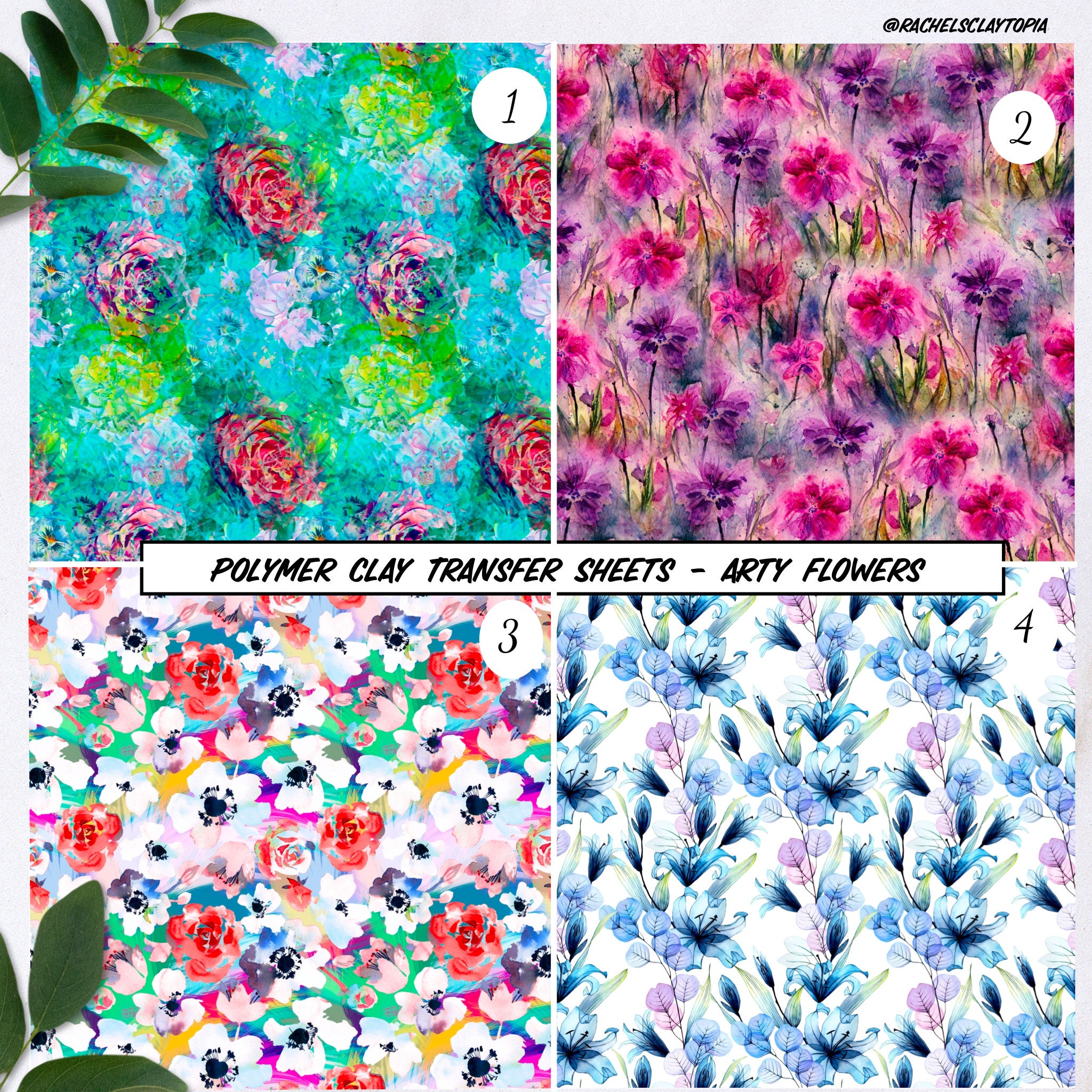 Arty Flowers Floral Polymer Clay Transfer Sheets, Waterless