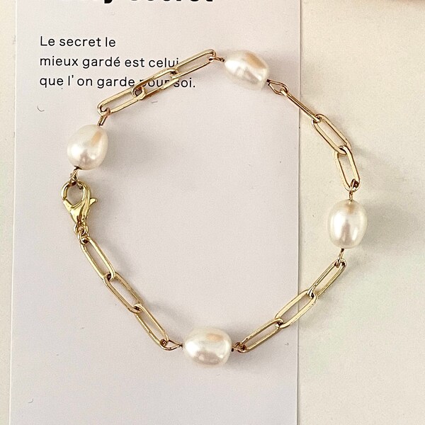 Chaîne grosse maille chic|Bracelet fait main plaqué or 14K-Perles de culture de haute qualité|Bracelet en accumulation|Bracelet tendance