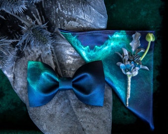 Poseidon Bow Tie & Pocket Square | Untied Bow Tie | Men's Bowtie | Wedding Grooms Bow Tie |Gift for Dad | Groomsmen Gift