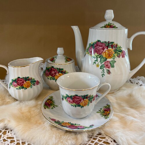 Regent China, English Rose, Pink shops and Yellow Floral Roses, Vintage Tea Set for 6, Coffee Set, Gift for Grandma, 1980s, Teapot, Mug, Granny