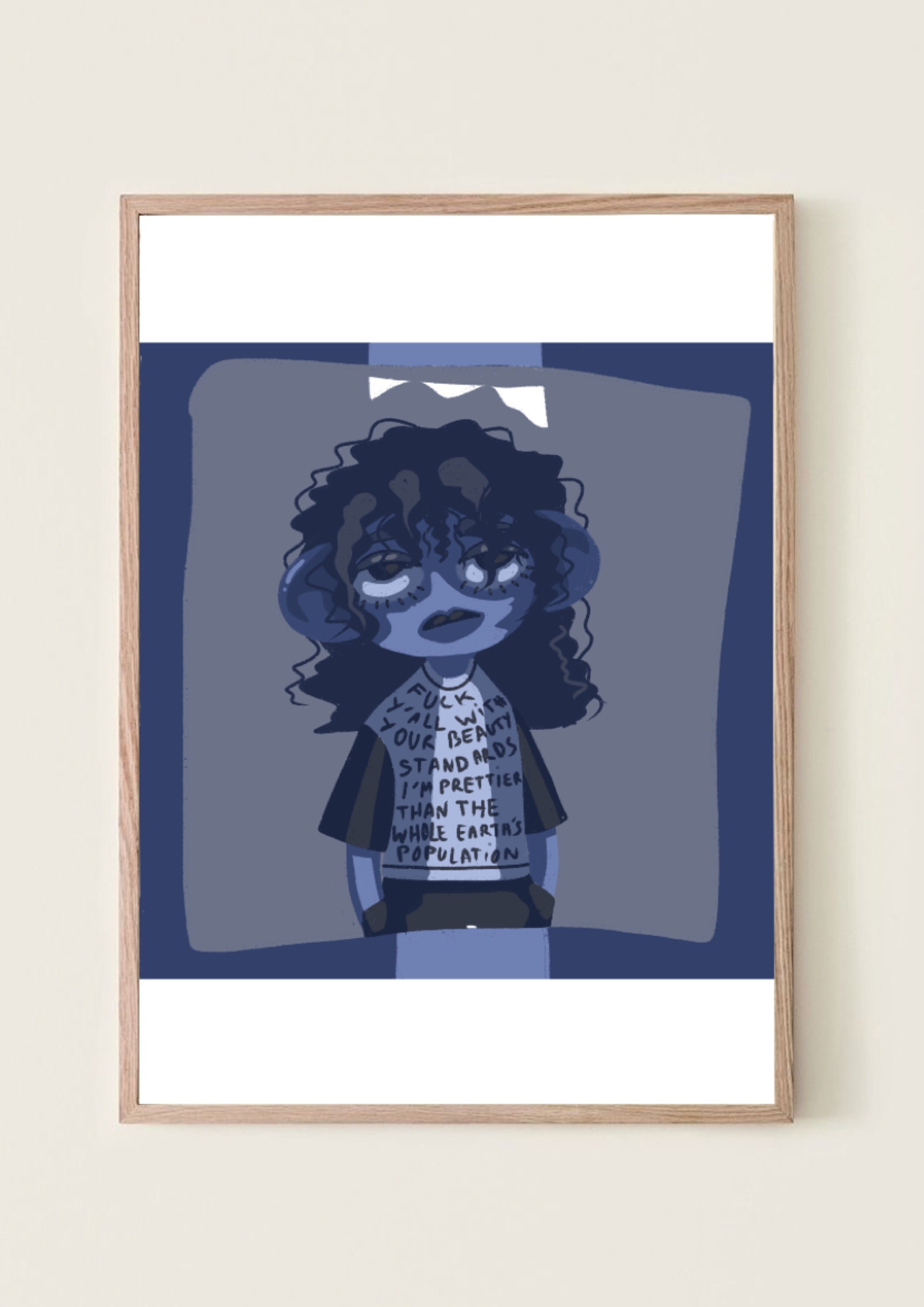 Cheveux Bouclés Foncés Étrange Fille A5 Imprimé avec Citation sur Son T-Shirt