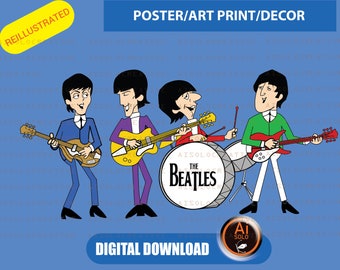 REILLUSTRATED PRINT ART The Beatles Cartoon, poster,art print , decor (blue background)
