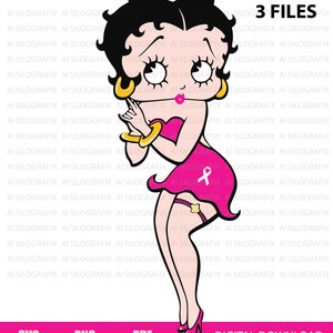 Könnte beinhalten: Ein digitaler Download eines rosa und schwarzen Cartoon-Bildes von Betty Boop, die ein rosa Kleid und ein rosa Band trägt. Das Bild ist für Bastelarbeiten und DIY-Projekte geeignet. Es sind 3 Dateien enthalten: SVG, PNG und PDF.