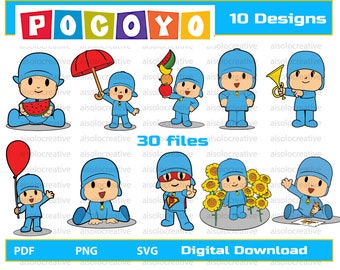 May include: A set of 10 digital illustrations featuring Pocoyo, a popular cartoon character. The illustrations are in a cartoon style and feature Pocoyo in various poses and activities. The illustrations are available in PDF, PNG, and SVG formats. The text "10 Designs" and "30 files" is also included in the image.
