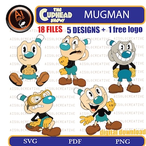 May include: Five digital illustrations of Mugman from the Cuphead video game. The illustrations feature Mugman in different poses, including standing, sitting, and holding a cup. The illustrations are in a cartoon style and are colored in shades of blue, brown, and yellow.
