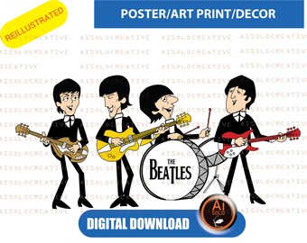 REILLUSTRATED PRINT ART The Beatles Cartoon, poster,art print , decor