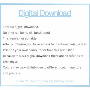 Pu&ograve; includere: Avviso di download digitale con il testo: "Questo &egrave; un download digitale. Nessun articolo fisico verr&agrave; spedito. Questo articolo non &egrave; modificabile. Dopo l'acquisto, avrai accesso ai file scaricabili. Stampa sul tuo computer o portalo in una tipografia. Poich&eacute; questo &egrave; un download digitale, non sono previsti rimborsi o cambi. I colori possono variare leggermente a causa dei diversi monitor e stampanti. Grazie per aver visitato TinaJoyDesign"