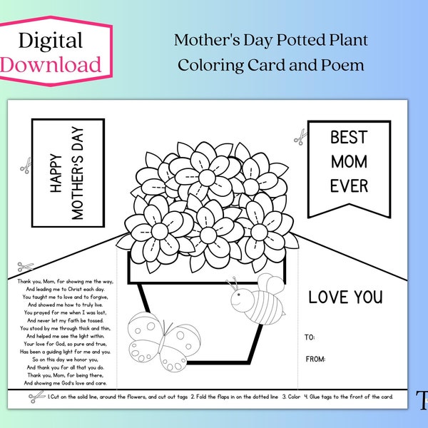 Mother's Day Card Activity Sunday School Craft For Mom Coloring Potted Plant Card For Mother