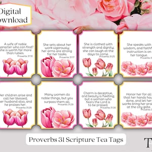 Spreuken 31 theelabels, schrift theelabels, afdrukbare cadeaukaartjes, theezakjes, Moederdag, Women's Retreat Tea Party