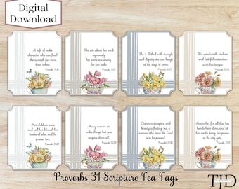 Proverbs 31 Tags | Scripture Tea Tags | Printable | Tea Bag Tags | Mother's Day | Women's Retreat | Tea Party | Mother's Day Tea Decor