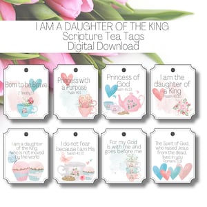 Etiquetas para bolsitas de té con versículos bíblicos Soy la hija del rey / Etiquetas para bolsitas de té imprimibles / Etiquetas con versículos bíblicos para niñas / Fiesta del té del día de la madre