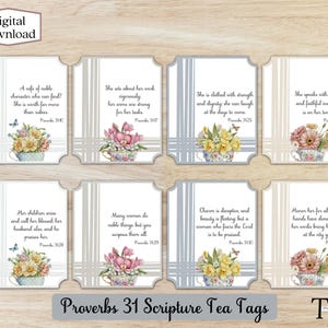 Spreuken 31 Tags, schrift theelabels, afdrukbare theezakjes Tags, Moederdag, Women's Retreat, Tea Party, Moederdag thee Decor