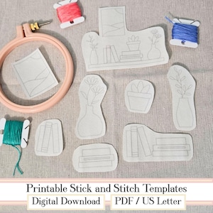 May include: Printable stick and stitch embroidery templates featuring various designs, including vases with flowers, potted plants, and stacks of books. The image also shows pink, blue, and green embroidery floss, and a peach embroidery hoop.