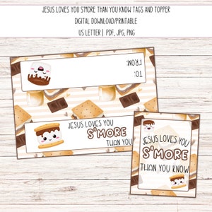 S'more Treat Bag Toppers DRUCKBARE Kinder Tags Instant DIY Jesus liebt dich S'MORE als du Sonntagsschule Printable Religious Tags kennst
