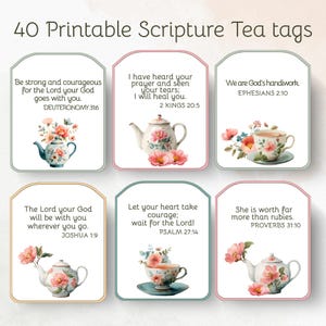 May include: Set of 40 printable scripture tea tags. Each tag features a Bible verse and a watercolor illustration of a teapot or teacup with floral accents. The tags have a pastel color scheme.