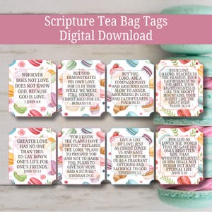 Theelabels uit de Schrift, afdrukbare theelabels, op de Schrift geïnspireerd drankdecor, theezakje, Moederdag-theedecor, Women's Retreat Tea Party