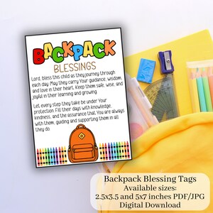Cartão de bênção para mochila, bênção de volta às aulas, oração para mochila, etiquetas para o primeiro dia de aula, material para impressão da Escola Dominical, kit de sobrevivência para mochila