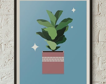 Blue Fiddle Leaf Fig Art Print: Mid-Century Botanical (Digital Download)