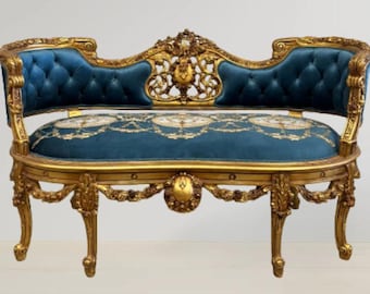 May include: An antique settee with a gold-coloured wooden frame. The seat and backrest are upholstered in a tufted, teal-coloured fabric. The back features intricate gold detailing, and the seat has a patterned design.