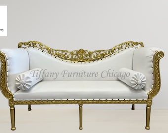French Sofa Two-Seater Sofa Arm Sofa Low Back Sofa White Sofa Vinyl Upholstery White Vinyl with Gold Trim