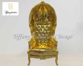 French Balloon Throne Chair High Back Chair All Gold Throne Chair Golden Chair King Chair Queen Chair Golden Vinyl Golden Nail Tufted Throne