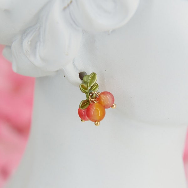 cute cottagecore fairycore earrings for women - Summer fruits Floral jewelry orange berries kawaii earrings