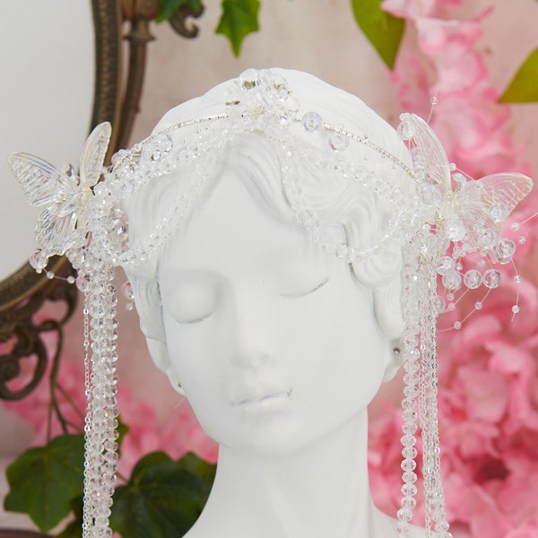 Fairycore Brautkopfschmuck mit Ohrhängern – transparentes Haarteil mit Schmetterlings- und Blumenperlen – Märchenprinzessin-Hochzeitstiara