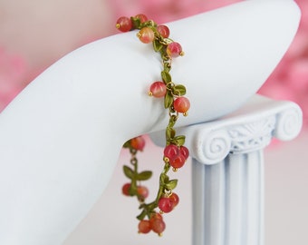 Cute cottagecore - Fairycore orange berries and leaves bracelet for women - Summer Fruits -