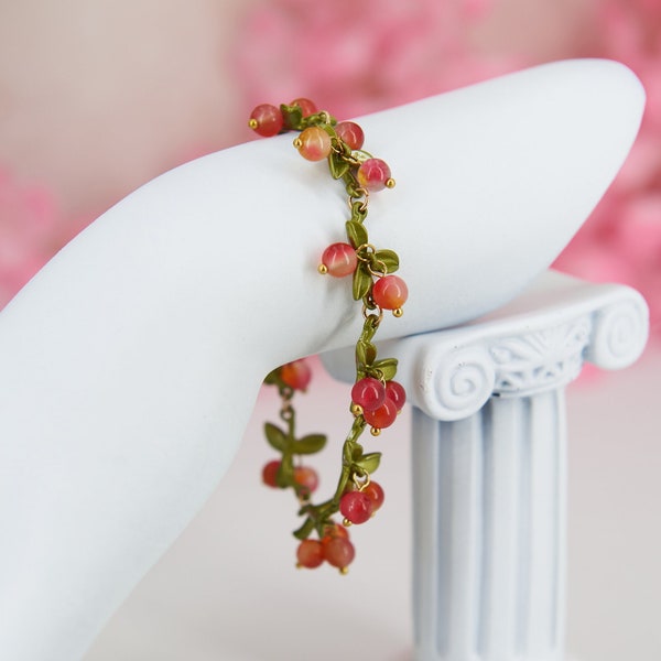 Cute cottagecore - Fairycore orange berries and leaves bracelet for women - Summer Fruits -