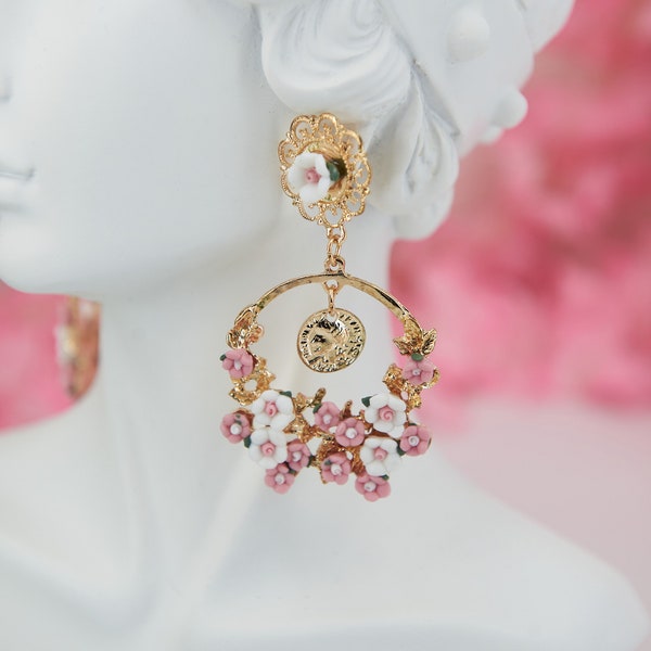 Bridgerton inspired earrings with florals and roman gold coin hoops - Baroque rococo Marie-Antoinette loop earrings