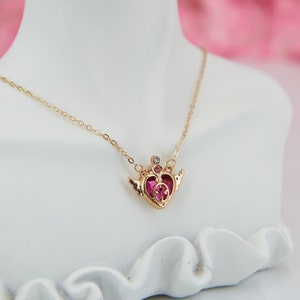 Sailor moon inspired hot pink heart pendant necklace with golden adjustable chain