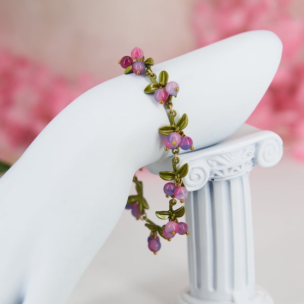 Cute cottagecore adjustable bracelet with purple berries and green leaves