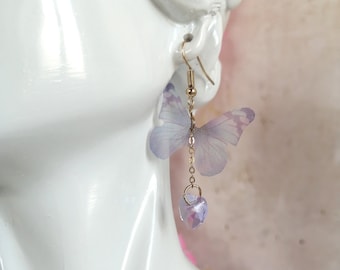 Fairycore Purple butterfly earrings with lilac heart shaped bead drops - Cottagecore romantic Y2K kawaii dangle earrings for women