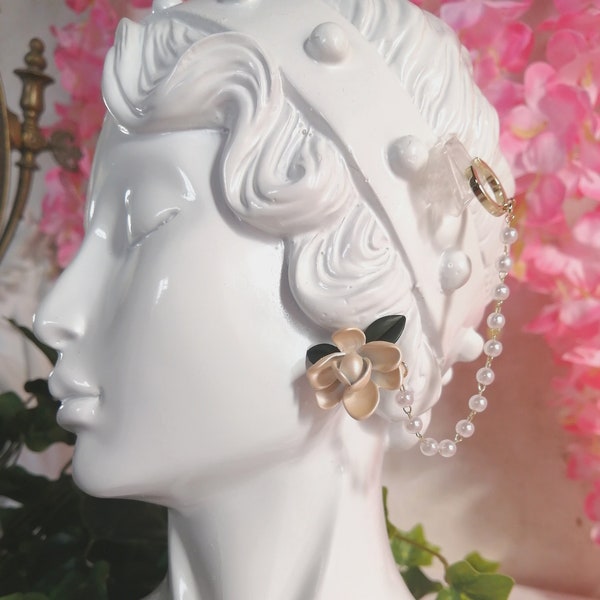 Asymmetrical cottagecore floral earrings with earcuff and chains and artificial pearl stud