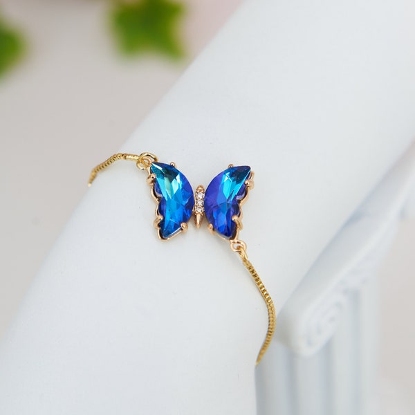 Adjustable blue crystal butterfly bracelet for women - Y2K Softgirl kawaii Cottagecore fairycore slide golden chain bracelet - gift for her