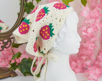 Cottagecore crochet head bandana with cute strawberry pattern