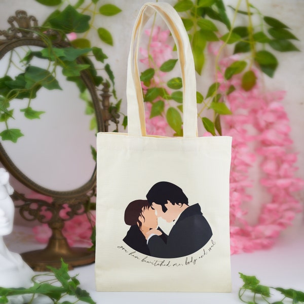 Regency Romance Tote Bag - Mr. Darcy & Lizzy, A Pride and Prejudice Quote Inspired Fabric Tote - Bewitched body and soul