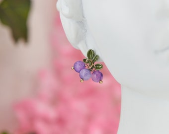 cute cottagecore fairycore earrings for women - Summer fruits Floral jewelry purple berries blueberry kawaii earrings