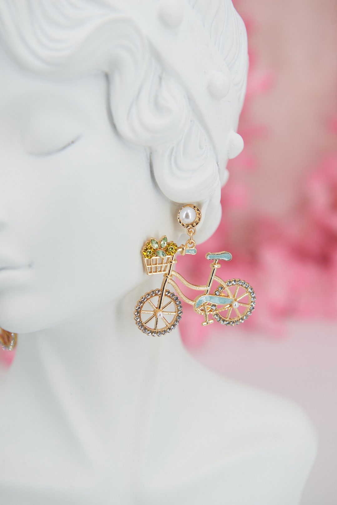 Quirky Statement Cute Bicycle Earrings With Flower Basket Pastel Colors