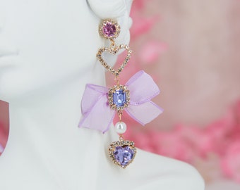 Lolita statement purple crystals and bows earrings - Royalcore Bridgerton Y2K Kawaii jewelry for women