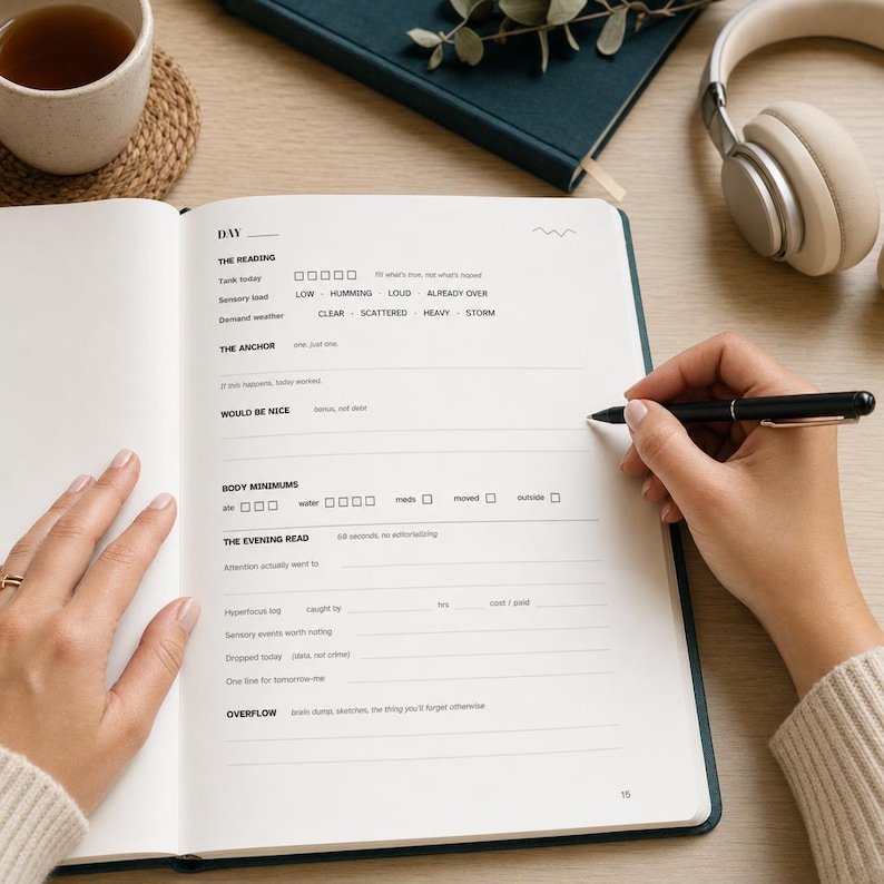 May include: An open daily planner with black printed text on white paper, featuring sections labeled Day, The Reading, The Anchor, Would Be Nice, Body Minimums, The Evening Read, and Overflow, with a black pen held over the page.