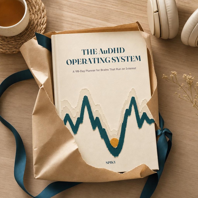 May include: A cream-colored planner titled THE AuDHD OPERATING SYSTEM: A 90-Day Planner for Brains That Run on Interest. The cover features a dark teal mountain-like graphic with a small yellow circle, wrapped in brown paper with a dark teal ribbon.