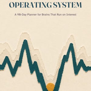 May include: A planner titled THE AuDHD OPERATING SYSTEM: A 90-Day Planner for Brains That Run on Interest. The cover features a cream background with layered, torn-edge paper waves in dark teal and light beige, a small orange circle, and the word SPIKY.