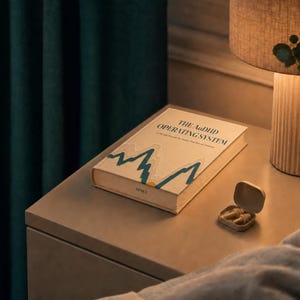 May include: A hardcover book titled The AuDHD Operating System with a white cover featuring a teal mountain graphic and a small open beige case containing two earplugs resting on a flat surface next to a lamp with a textured base.