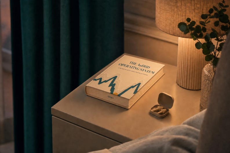 May include: A hardcover book titled The AuDHD Operating System with a white cover featuring a teal mountain graphic and a small open beige case containing two earplugs resting on a flat surface next to a lamp with a textured base.